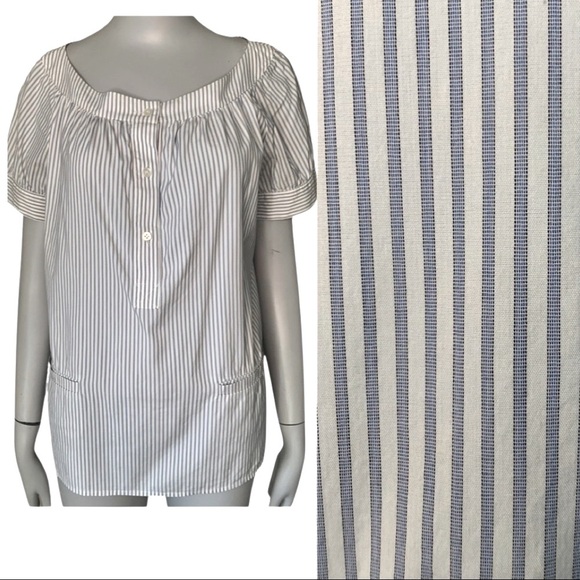 THEORY Poplin Blue & White Striped Scoop Neck Short Sleeve Blouse Size Small - Picture 1 of 16